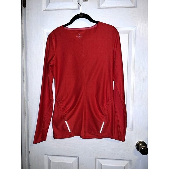 ATHLETA Red Long Sleeve Top Reflective Pullover Athletic Running Zipper Pocket S - Picture 1 of 10